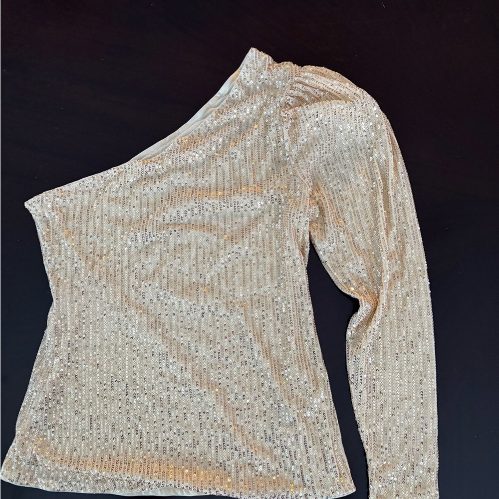 SHEIN Cream Sequin One-Shoulder Blouse